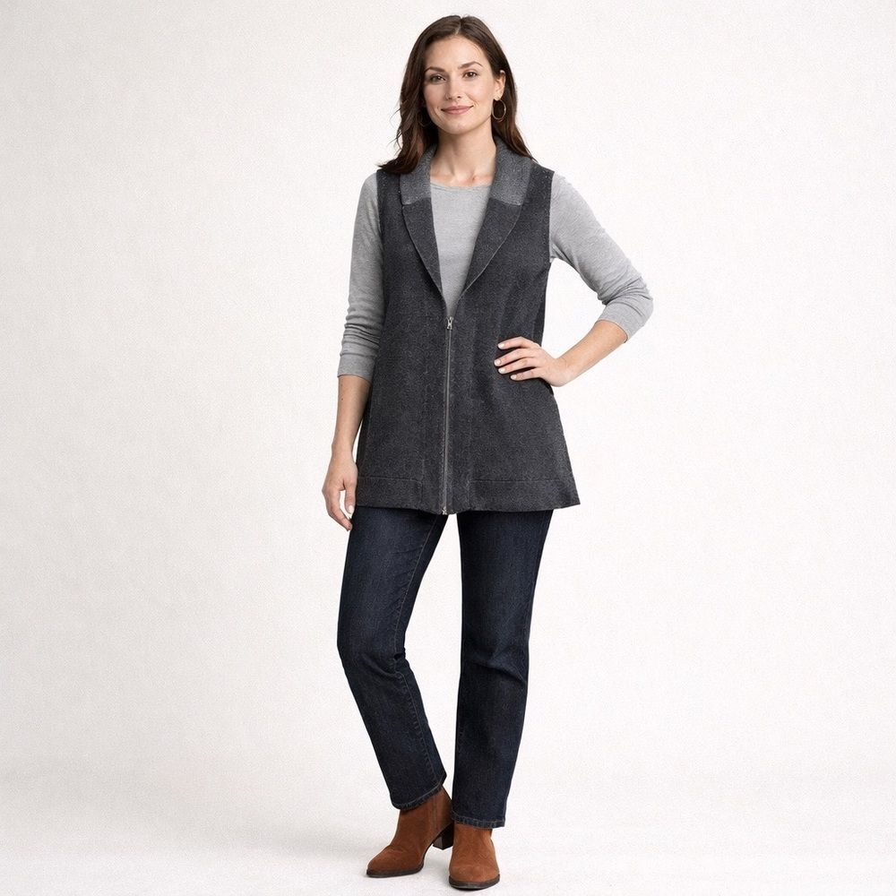 Eileen Fisher Organic Cotton Zip Front Sleeveless Vest Sz M Gray Sustainable